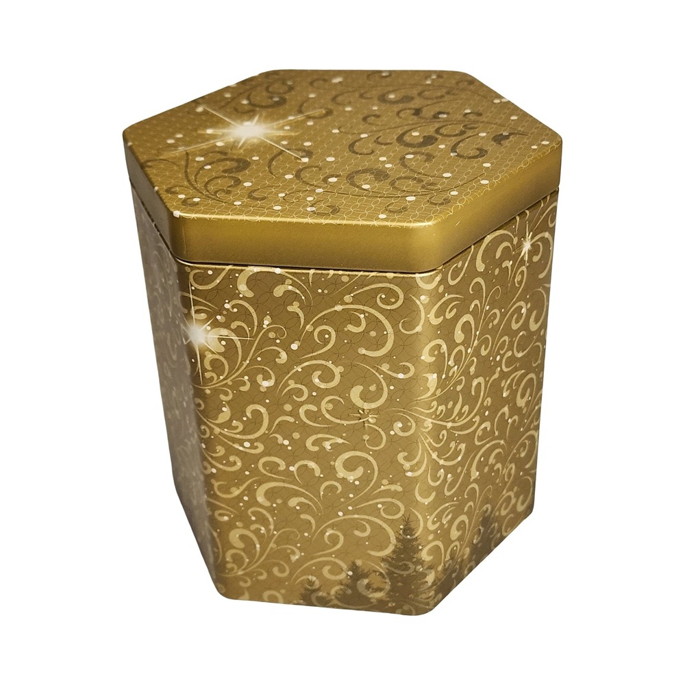 Gold Hexagon Celestial Scrollwork Metal Tin Star‎ Moon Holiday Storage Box 4.5in